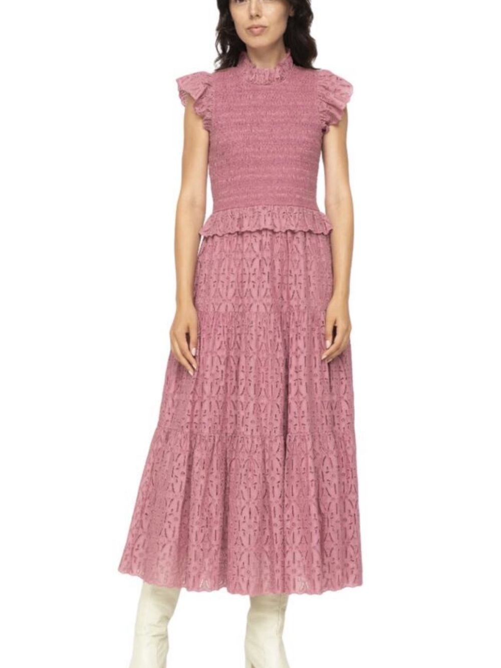 Sea New York Ingrid Pink Eyelet Midi Dress
